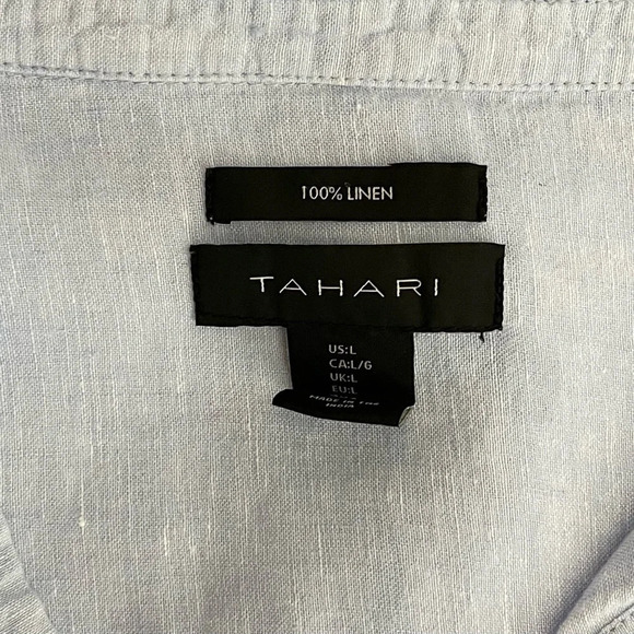 Tahari 100% Linen Side Button Top Size Large V Neck Collared 3/4 Sleeve - Picture 6 of 7